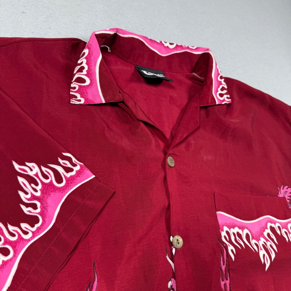 Uluwatu Mens XXL Dragon Flame Graphic Button Up Shirt Burgundy Pink Rayon Y2K